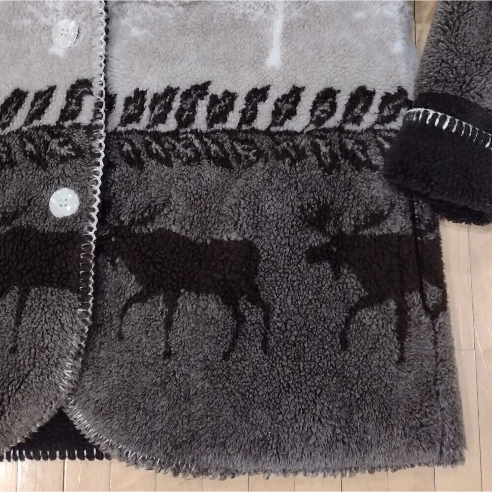 Vintage Black Mountain Hooded Heavy Fleece Jacket Button Down Womens M Moose - Picture 7 of 9
